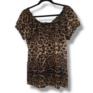 Once Again Leopard‎ Print Top Sheer Short Sleeve Blouse Women's Size XL